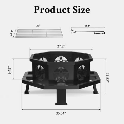 MistMo 35 inch Fire Pit, Outdoor Fire Pit Wood Burning Fire Pits with Cooking Grill