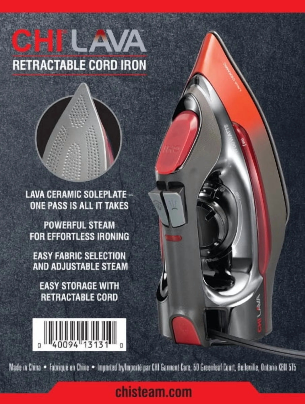 CHI Lava Clothing Iron, Steam Iron for Clothes with Lava Ceramic Soleplate & Retractable Cord, Black