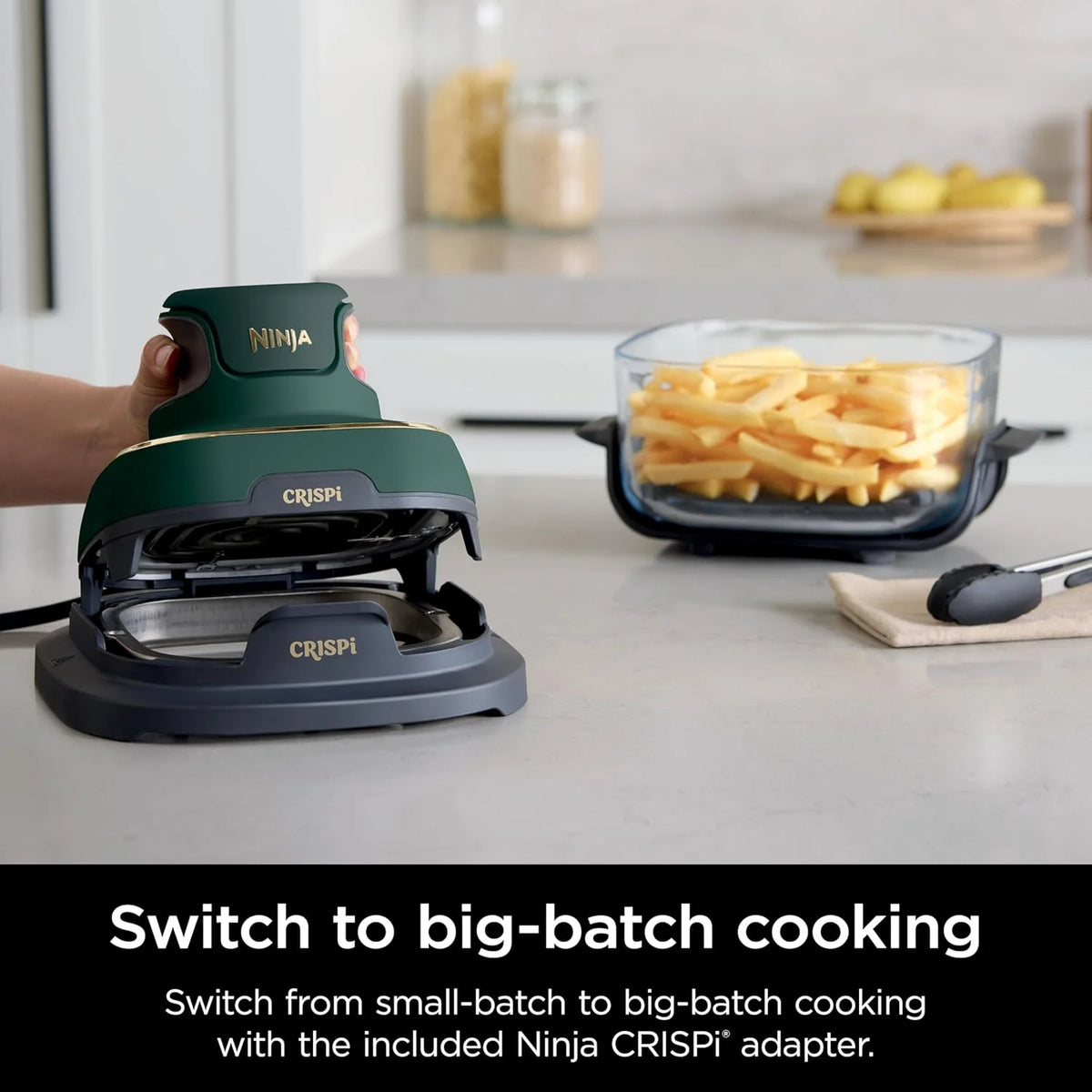 Ninja Crispi 5-in-1 Portable Glass Air Fryer Cooking System FN103BF, British Racing Green with Soft Gold Trim, 1500W, New