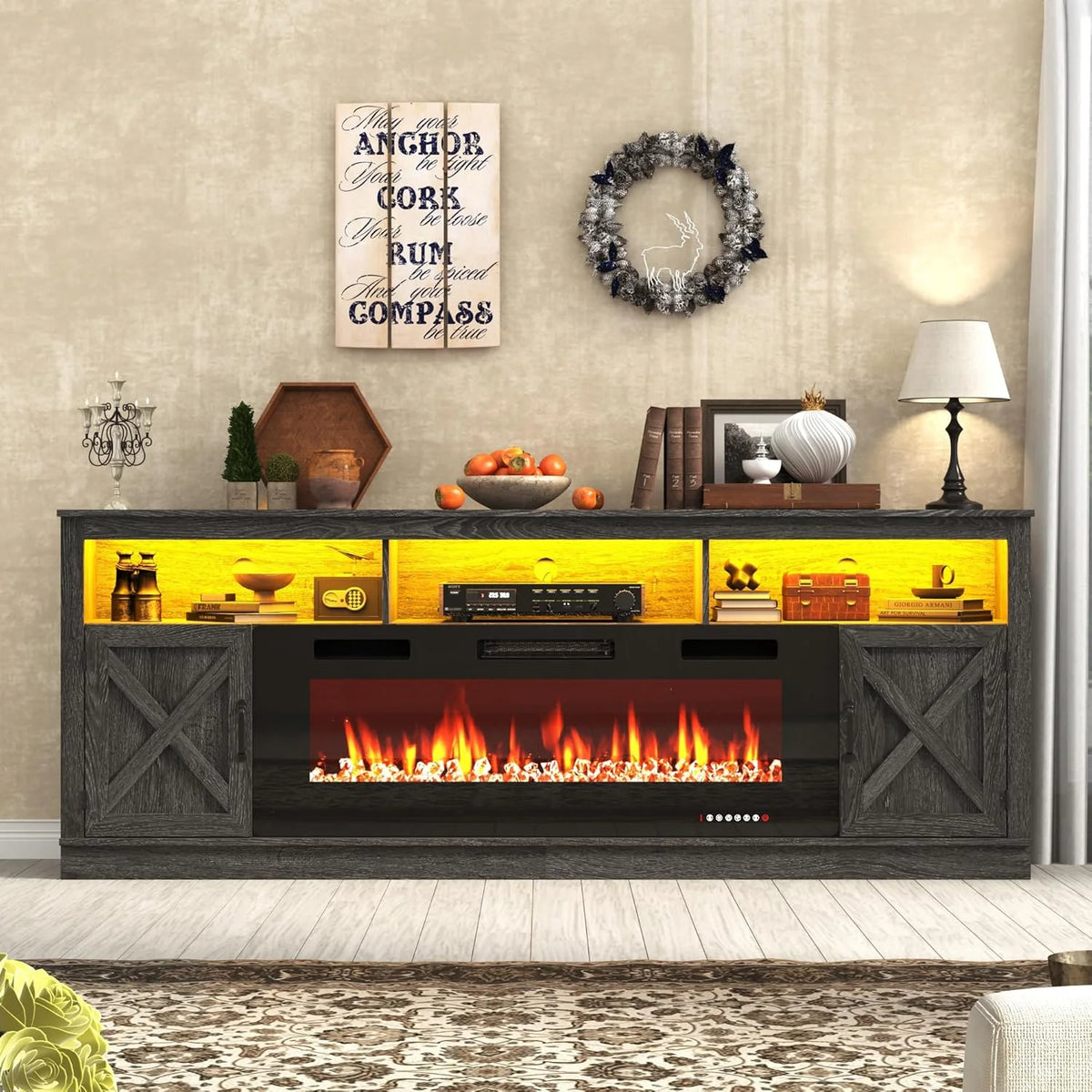 ChVans 70" Fireplace TV Stand for TVs up to 80" with 36" Electric Fireplace, Farmhouse Entertainment Center with LED, Wooden Media Console for Living Room, Bedroom