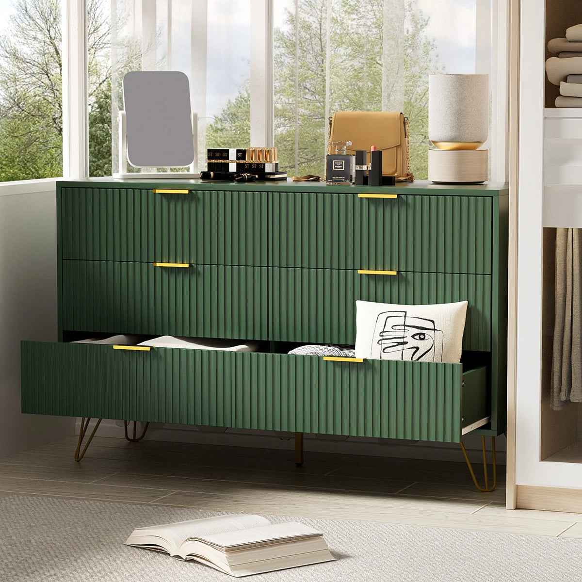 FURNIWAY White 6 Drawer Dresser for Bedroom, Modern Dresser with Gold Metal Handles,Fluted Wood TV Stand for Living Room, Hallway