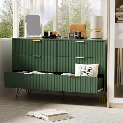 FURNIWAY White 6 Drawer Dresser for Bedroom, Modern Dresser with Gold Metal Handles,Fluted Wood TV Stand for Living Room, Hallway