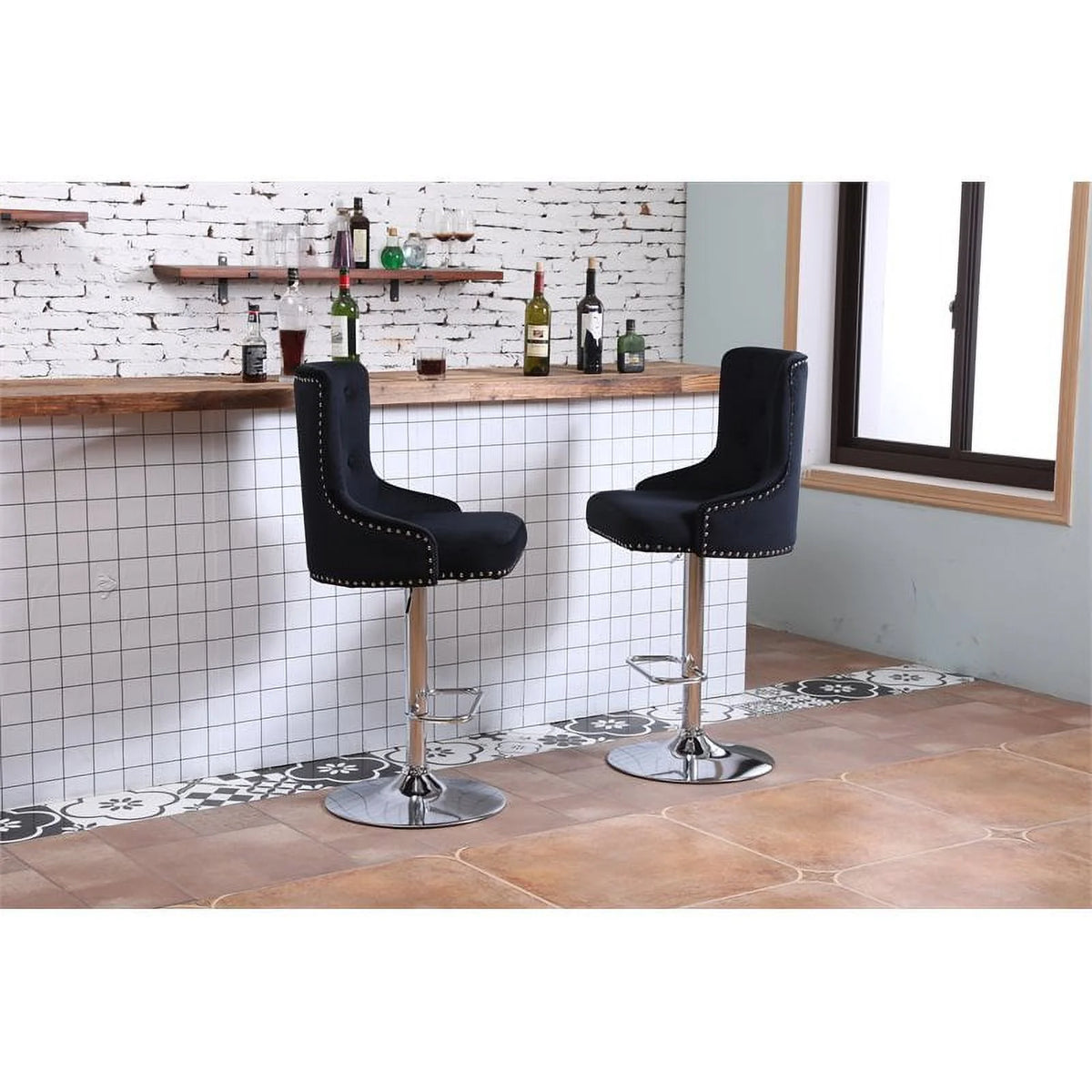Alexent  2PCS Swivel Bar Stools, High Back, Button Tufted, Silver Footrest and Nailhead Trim Swivel Bar Chairs for Kitchen, Bar Velvet Upholstered Bar Stools, Dark Blue