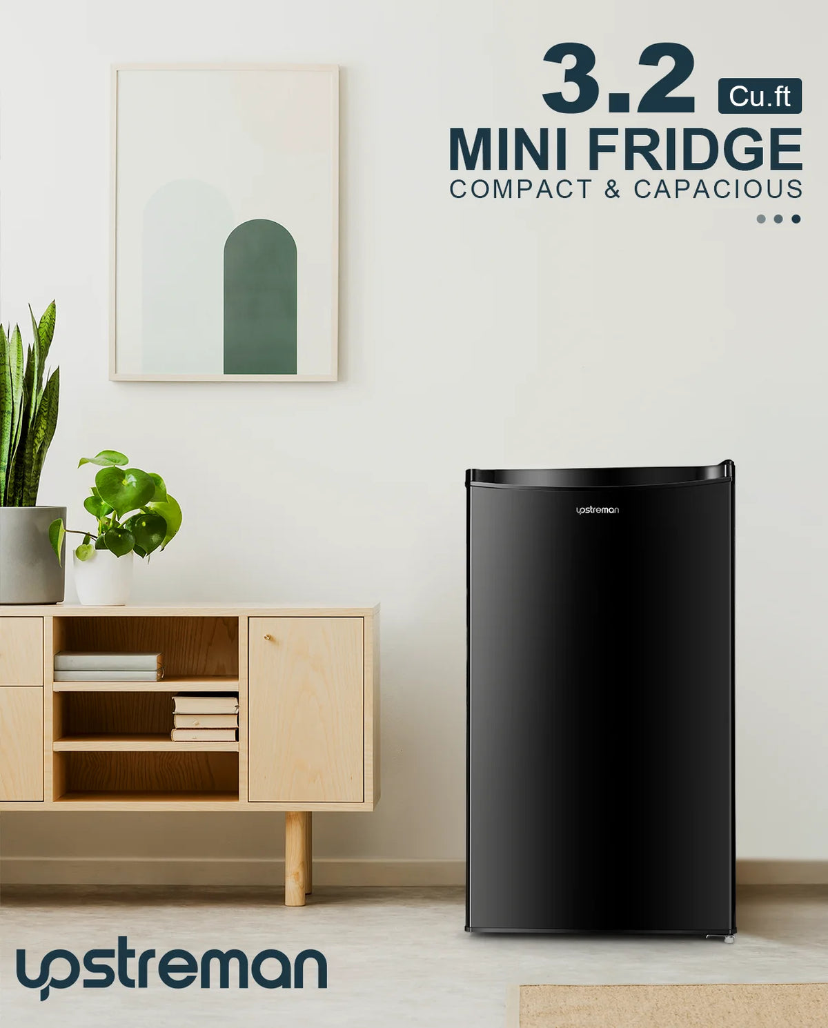 Upstreman 3.2 Cu.Ft. Mini Fridge with Freezer Single Door Small Refrigerator Adjustable Thermostat Compact Fridge with Reversible Door, Low Noise, BR321 Black
