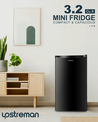Upstreman 3.2 Cu.Ft. Mini Fridge with Freezer Single Door Small Refrigerator Adjustable Thermostat Compact Fridge with Reversible Door, Low Noise, BR321 Black