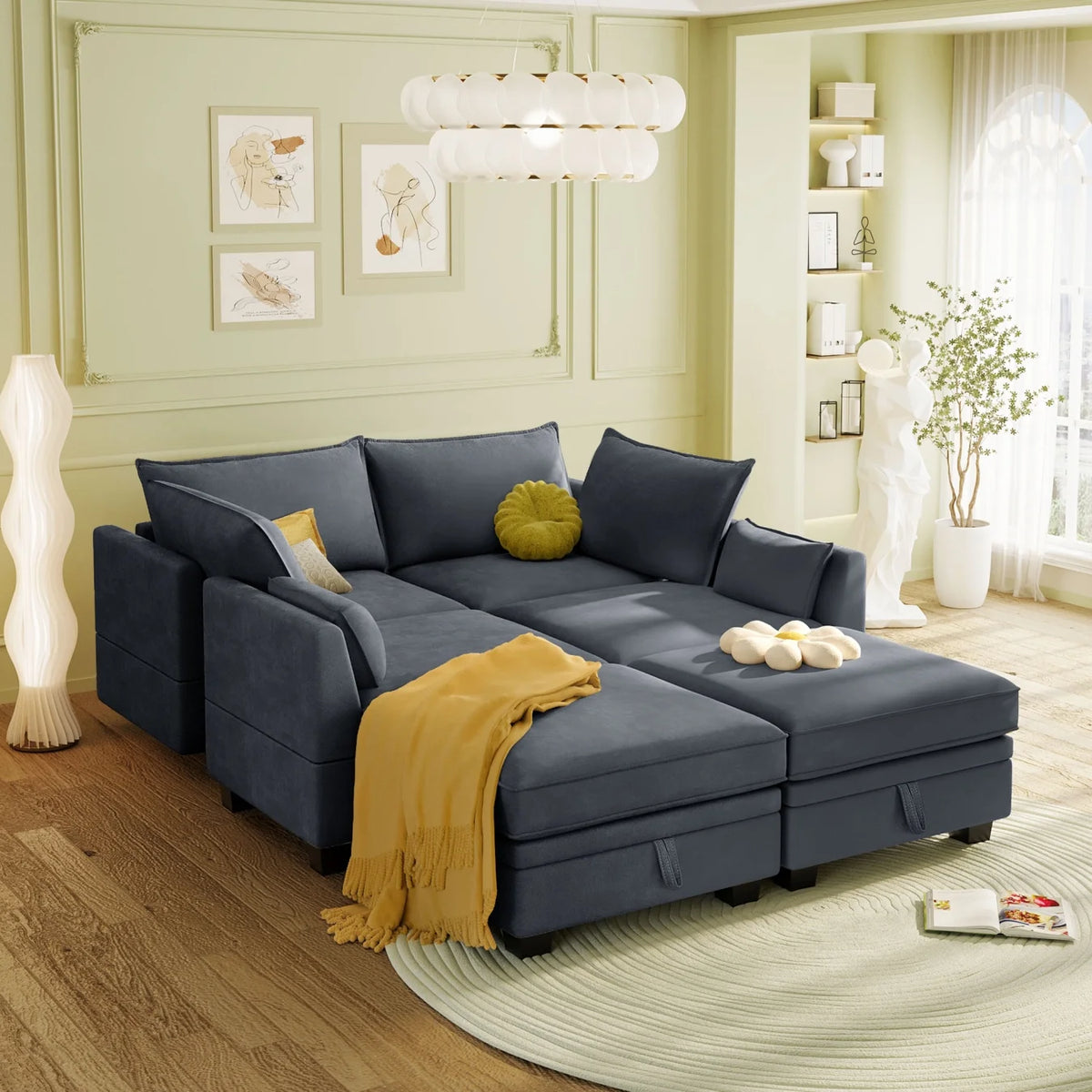 Oversized Modular Sectional Sofa with 2 Pillows, Convertible Sofa Bed with Storage Seat & Storage Ottoman, Upholstered U-Shaped Sectional Sofa with Reversible Chaise, 6 Seaters Sofa Sleeper Sofa