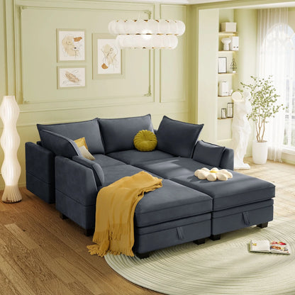 Oversized Modular Sectional Sofa with 2 Pillows, Convertible Sofa Bed with Storage Seat & Storage Ottoman, Upholstered U-Shaped Sectional Sofa with Reversible Chaise, 6 Seaters Sofa Sleeper Sofa