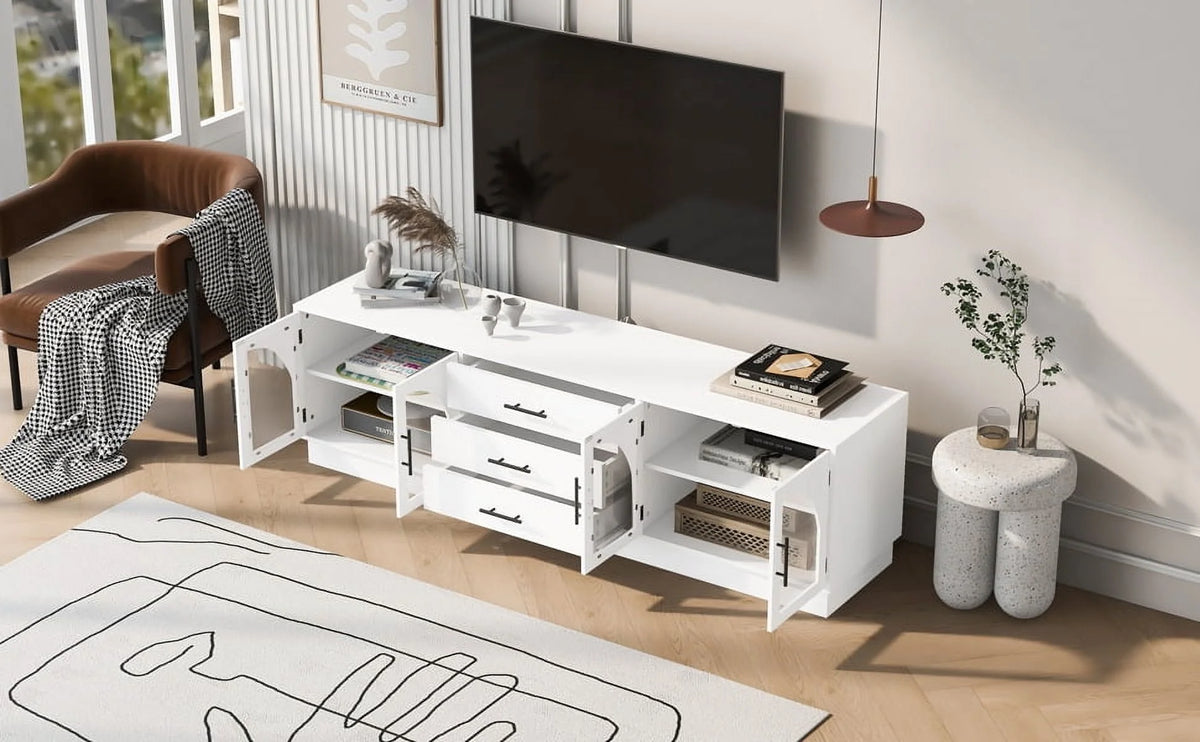 Euroco Modern TV Stand with Arched Glass Doors, Drawers & Adjustable Shelves for TVs up to 75 Inches