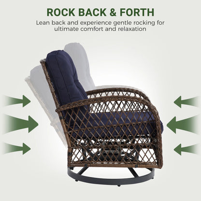 3 Piece Patio Swivel Rocker Chairs Set, 2 360-Degree Swivel Rocking Chairs with 1 Glass Top Table, PE Rattan Outdoor Bistro Set with Cushions for Balcony Deck Poolside Backyard Porch