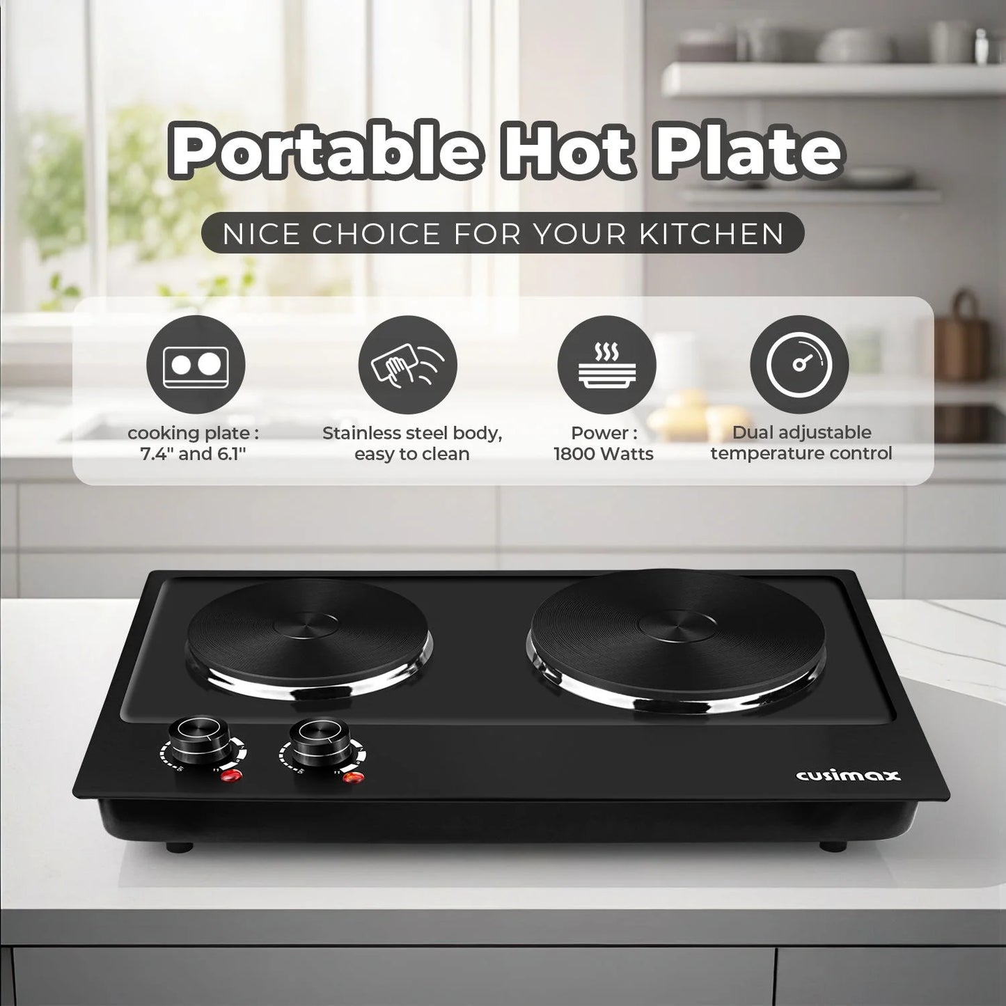 CUSIMAX 1800W Portable Double Burner Hot Plate �?Stainless Steel Countertop Electric Cooktop with Dual Cast Iron Heating Plates, Easy-to-Clean Silver Design, Upgraded Version