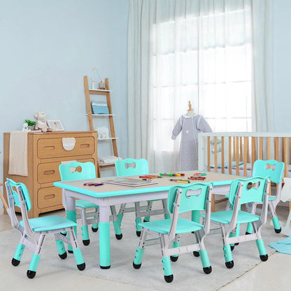 Arlopu Adjustable Kids Table and 6 Chairs Set, Toddler Play Activity Table Set with Graffiti Tabletop, Preschool Kids Furniture Table Set for Reading, Drawing, Eating