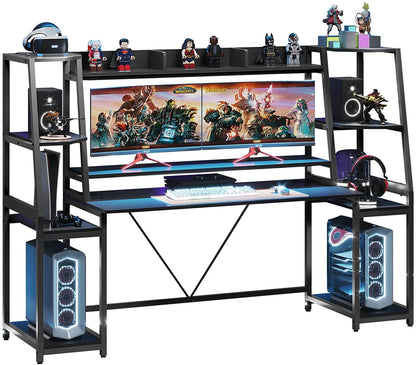 78.8 Inches Gaming Desk with LED Lights, Hutch and Storage Shelves, Ergonomic Computer Desk, Black