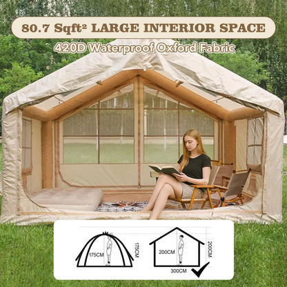 9.8' x 7' Inflatable Camping Tent,4 Season Blow up Tents for Camping, 4-6 Person Inflatable Tent with Stove Jack,Air Tents,Glamping Tent,Waterproof Luxury House with Mesh Window