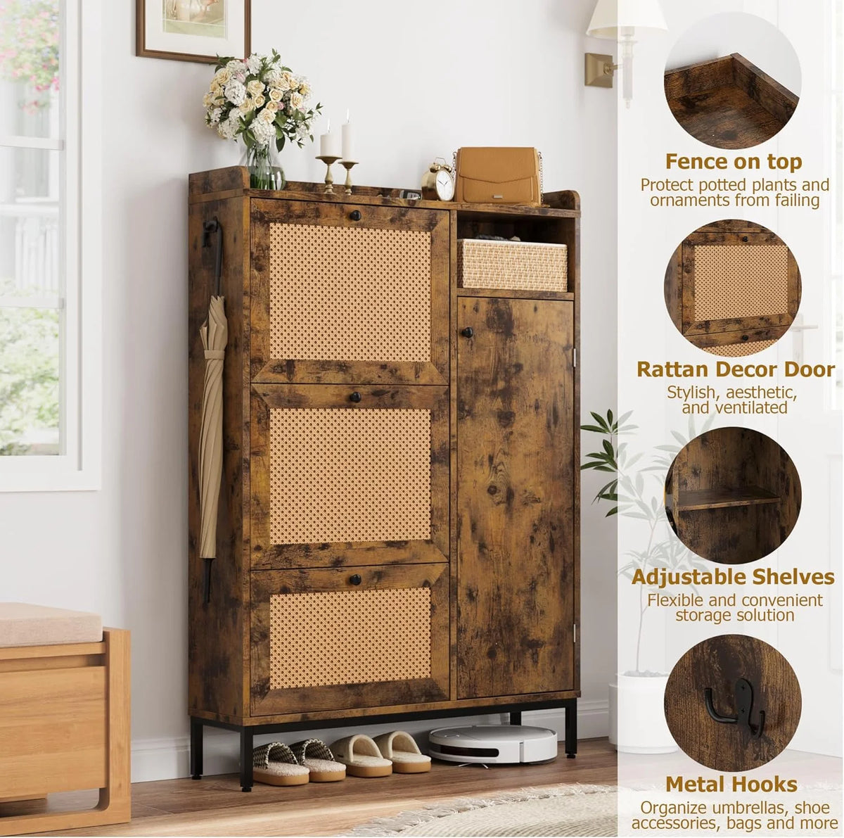 Garvee Rattan Shoe Storage Cabinet with Doors and 3 Flip Drawers, Freestanding Organizer with Adjustable Shelves for Entryway, Narrow Shoe Rack Cabinet for Hallway, Easy Assembly, Oak Color
