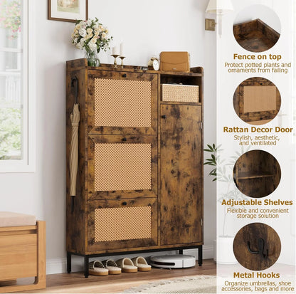 Garvee Rattan Shoe Storage Cabinet with Doors and 3 Flip Drawers, Freestanding Organizer with Adjustable Shelves for Entryway, Narrow Shoe Rack Cabinet for Hallway, Easy Assembly, Oak Color