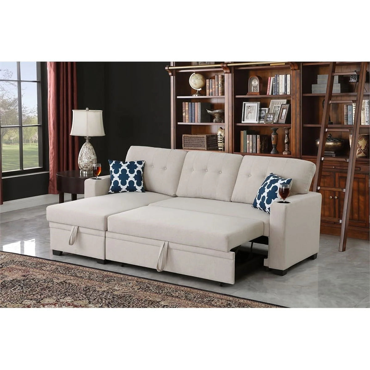 Reversible Fabric Sleeper Sofa Bed & Chaise with Cup Holder-Beige