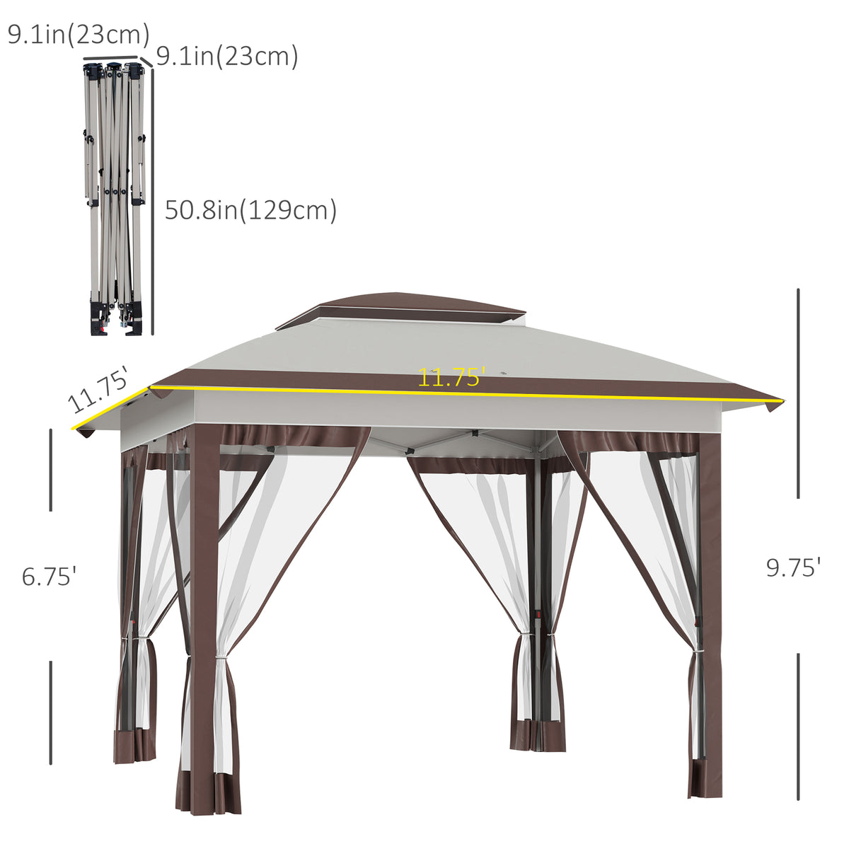 12' X 12' Pop Up Canopy Tent with Netting and Carry Bag,Double Canopy, Instant Sun Shelter with 137 Sq.ft Shade, Tents for Parties, Height Adjustable, for Outdoor, Garden, Patio, Beige and Brown