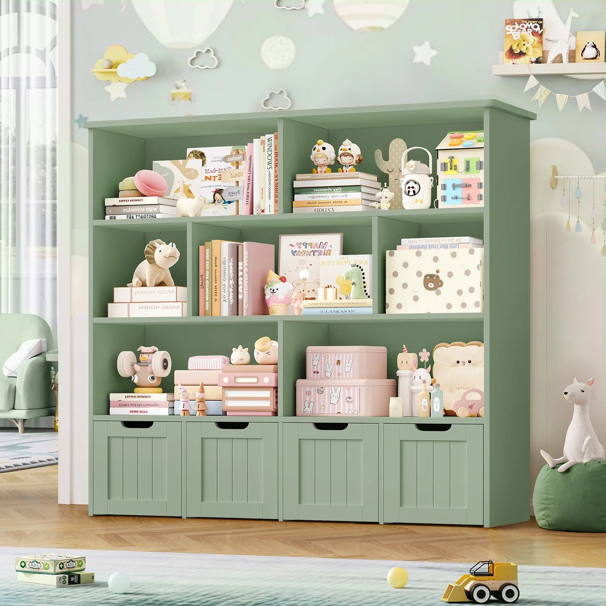 Homfa 7 Cube Toy Storage Organizer, Kids Geometric Bookcase and Bookshelf with 4 Drawers, White