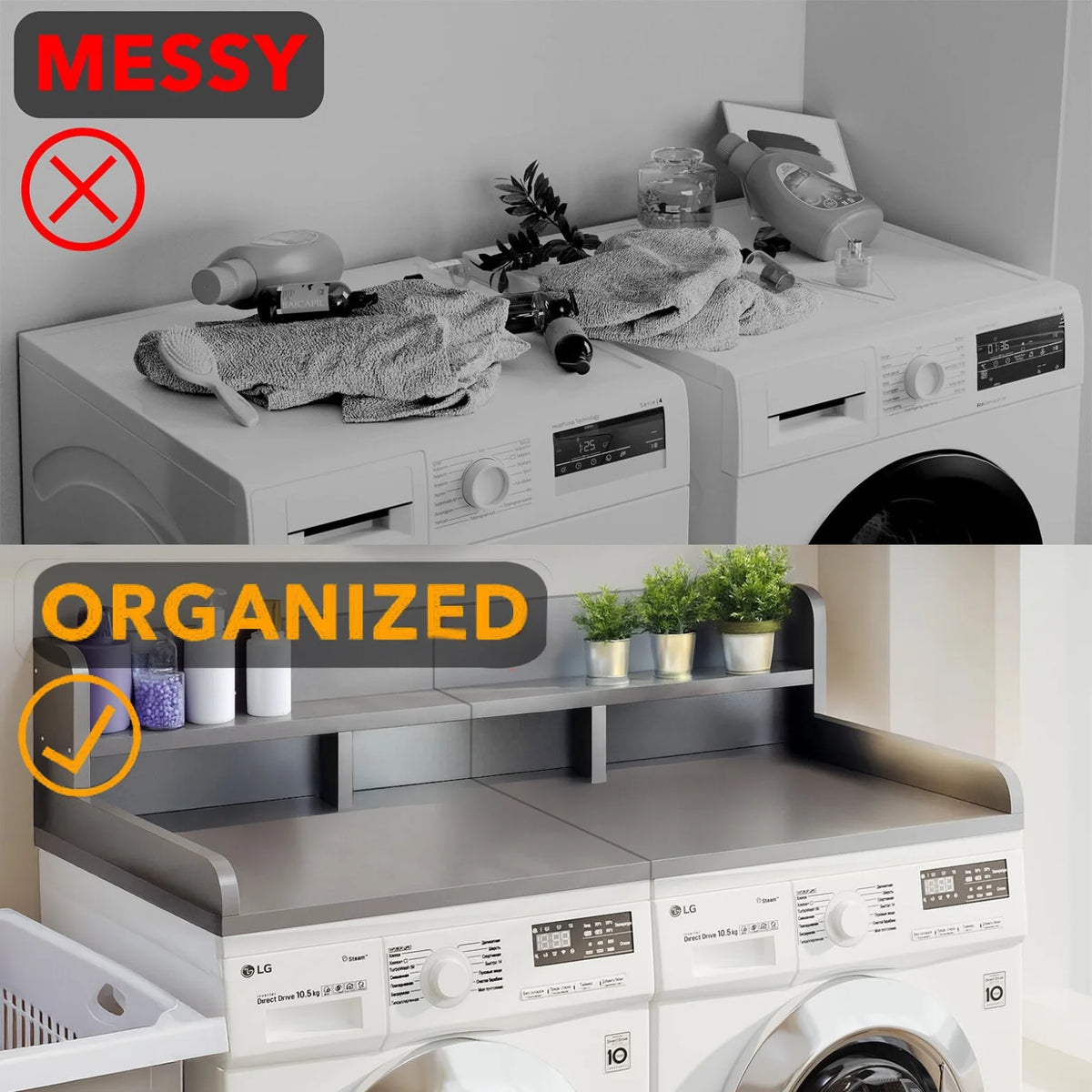 Modern Washer Dryer Countertop with 2-Tier Shelf,Laundry Room Countertop Organization Storage with 2.75" H Guard Edge Rails,Non-Slip Pad,Waterproof and Easy to Clean,54"W x 27.55"D,Natural Wood
