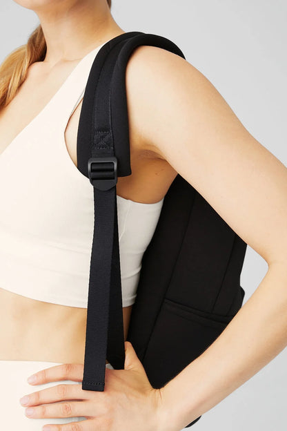 Alo Yoga Stow Backpack in Black Neoprene with Detachable Pouch, Laptop Sleeve - Water-Resistant Sport Gym Backpack for Adults