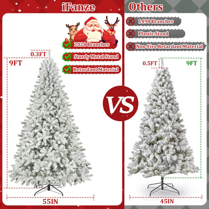 Qunler 9ft Snow Flocked Christmas Tree with 2028 Tips, Artificial Snowy Xmas Pine Tree with Reinforced Metal Base for Home Office Party Holiday Decorations ,White(NO Light)