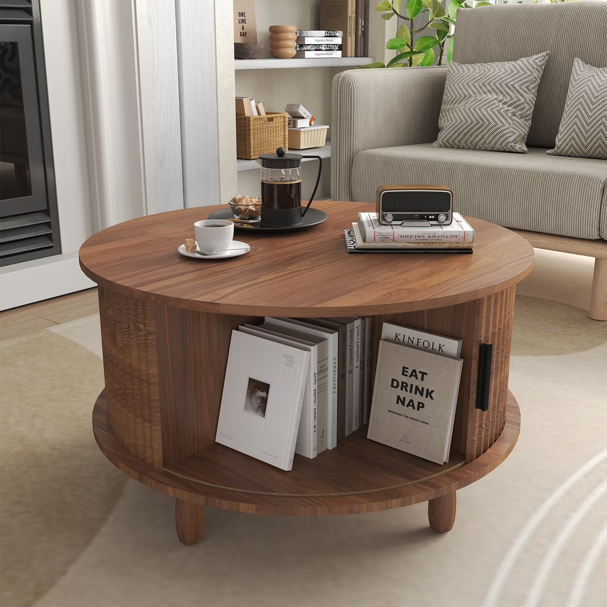RUMLIVE Round Coffee Table with Storage, 30.7" Modern Coffee Table with 360�� Curved Sliding Door, Fluted Wood Coffee Table with Footpads, Round Center Table for Living Room, Black