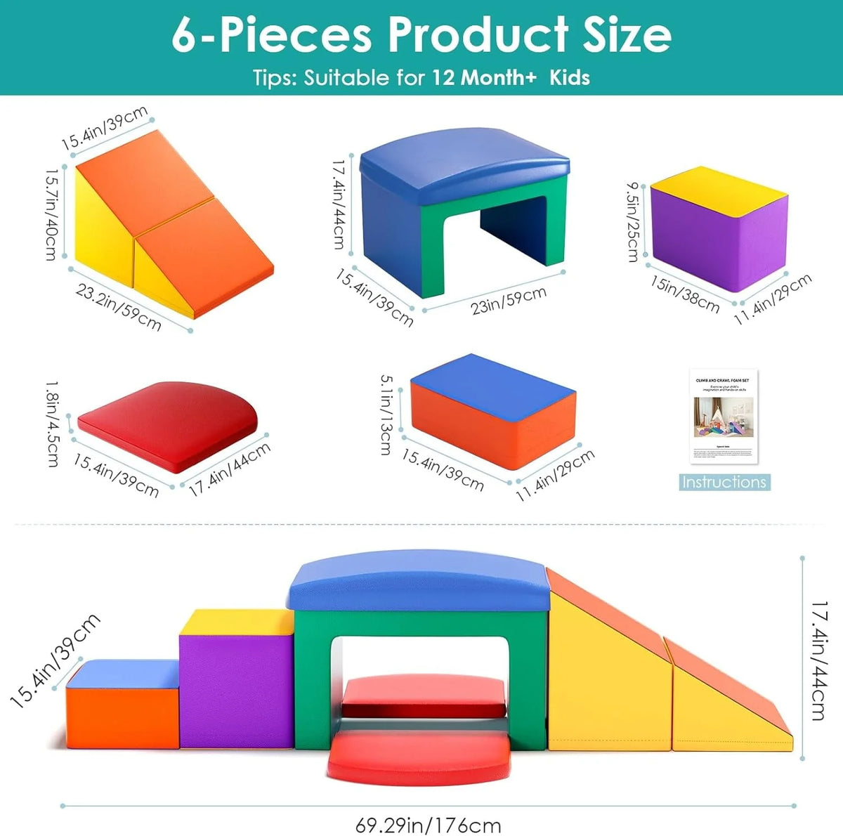 Foam Climbing Blocks for Toddlers, 6 Pieces Soft Play Climbing for Kids, Toddler Climbing Toys with Tunnel, Stair and Slide, Indoor Crawl and Climb Playset for Kids(Colorful)