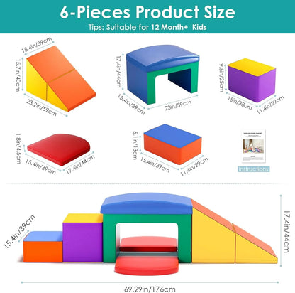Foam Climbing Blocks for Toddlers, 6 Pieces Soft Play Climbing for Kids, Toddler Climbing Toys with Tunnel, Stair and Slide, Indoor Crawl and Climb Playset for Kids(Colorful)