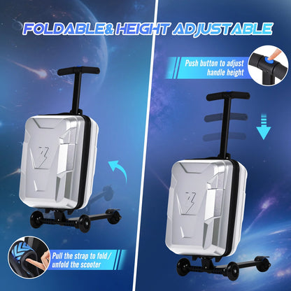 Advwin Ride-On Scooter Suitcase with LED Light-up Wheels, Hardshell Lightweight Foldable Rideable Luggage for Kids & Adults, Silver