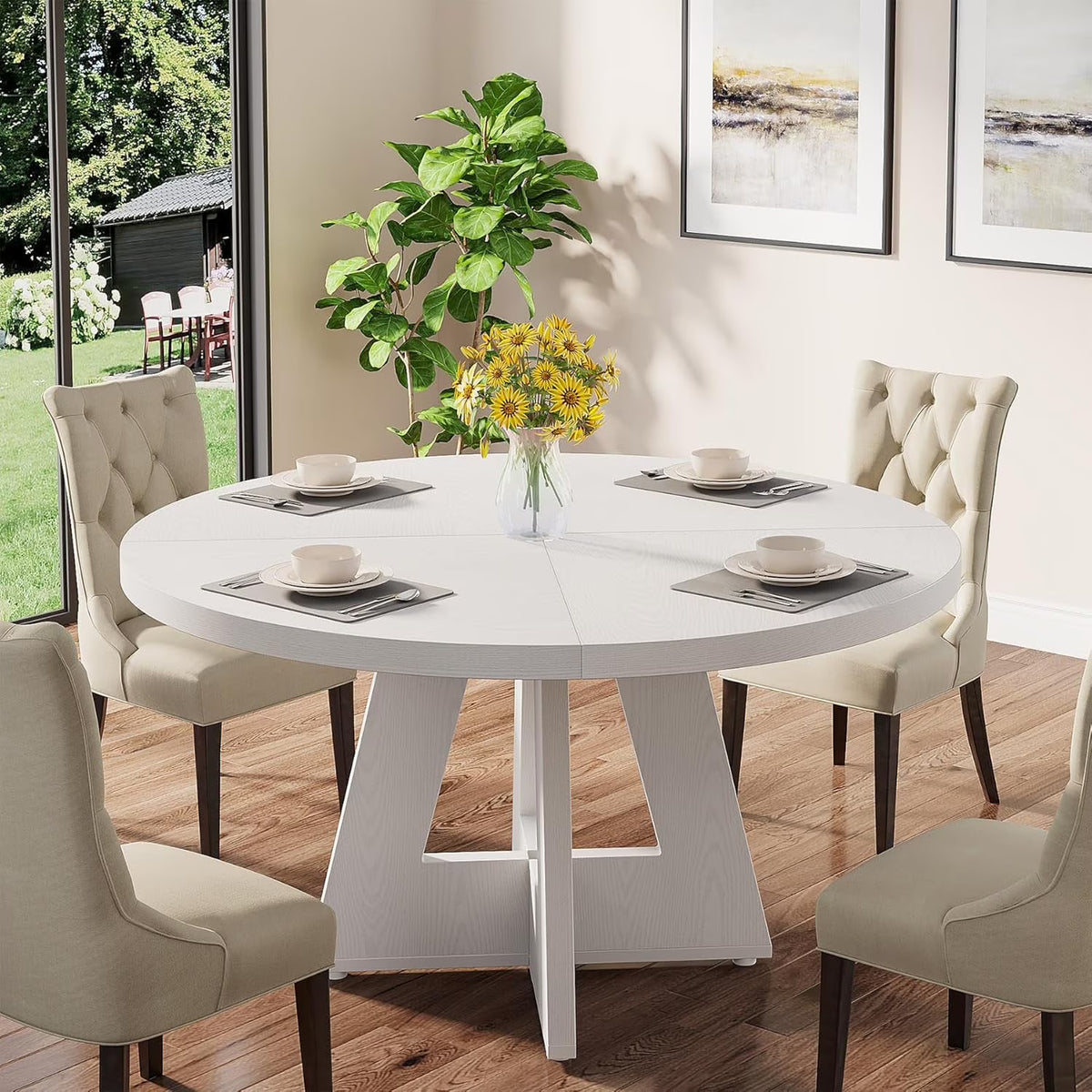 Tribesigns Round Dining Table for 4, Grey Kitchen Table 47 Inch Farmhouse Wood Kitchen Dinning Table for Kitchen Living Room