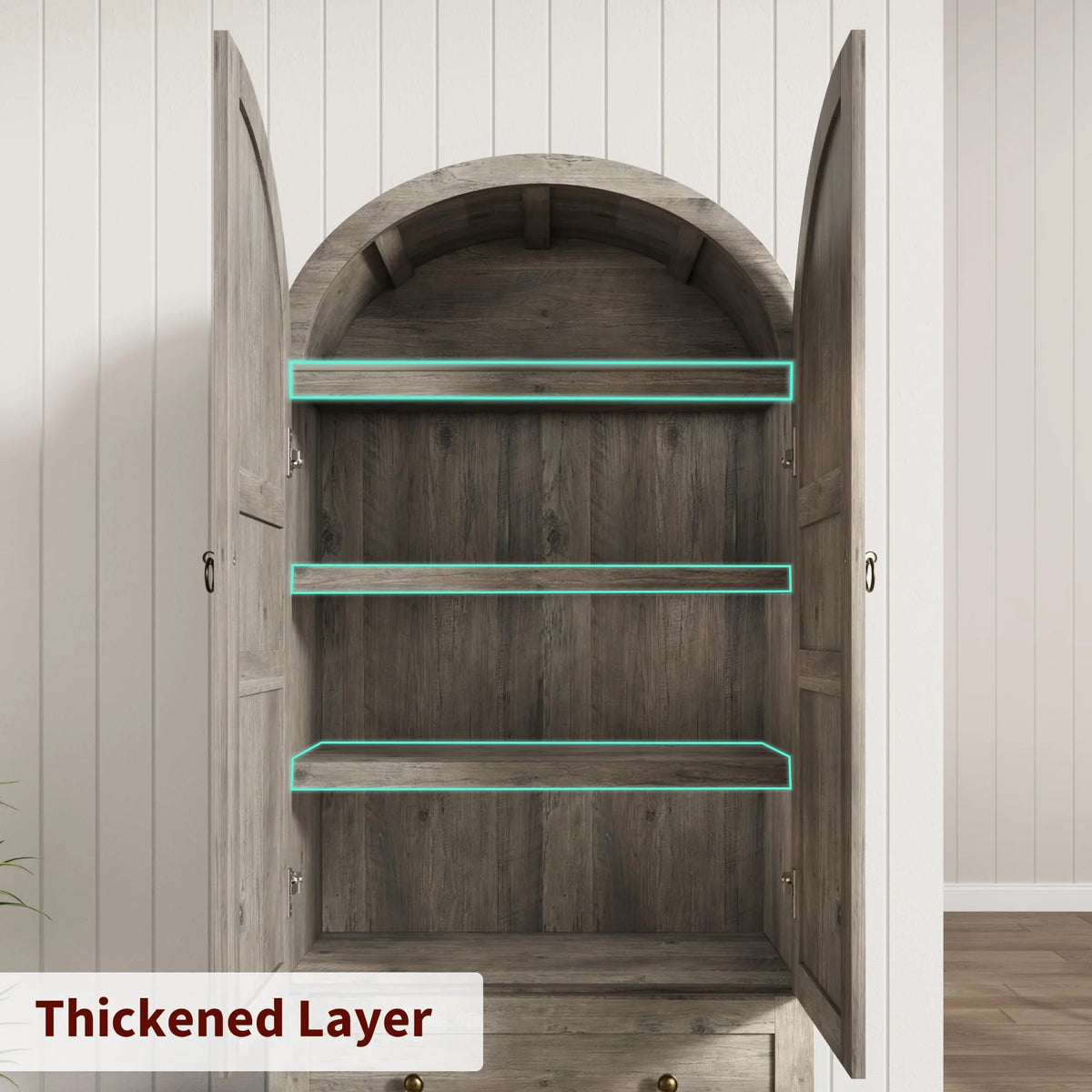 Luku 72" Tall Arched Kitchen Pantry Cabinet, Farmhouse Wood Storage Cabinet with Glass Door, 2 Large Drawers, Freestanding Organizer for Dining Room & Living Room