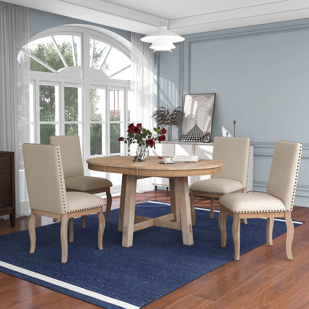 Harper & Bright Designs Round Extendable Dining Table Set for 4, 5 Piece Farmhouse Wood Dining Table Set with 4 Upholstered Dining Chairs, Natural Wood Wash