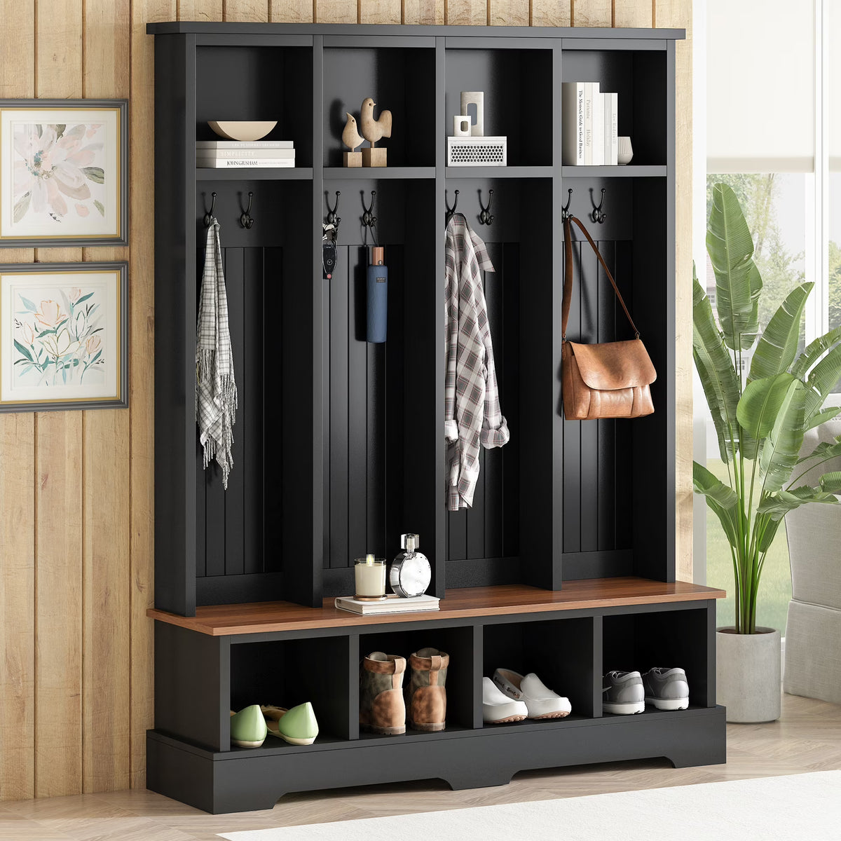 Euroco Farmhouse 59"W Wide Hall Tree with 8 Hooks, Practical Entryway Bench with Open Compartments, 76.7"H Modern 3-in-1 Wooden Style Coat and Shoe Rack for Mudroom, Living Room, Green