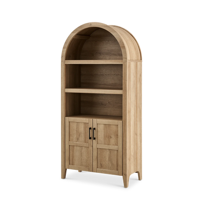 mopio Lauren 65.4" Arched Cabinet, 5-Tier Arched Bookcase with Doors and Shelves, Arched Bookshelf with Storage, Kitchen Pantry Cabinet, Wooden Storage Cabinet for Living Room, Kitchen (Oak)