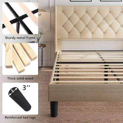 iPormis Full Size Bed Frame with Diamond Button Tufted Wingback Headboard, Upholstered Platform Bed Frame with Strong Wood Slat Support, No Box Spring Needed,Black