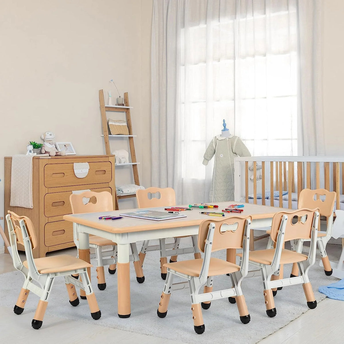Arlopu Adjustable Kids Table and 6 Chairs Set, Toddler Play Activity Table Set with Graffiti Tabletop, Preschool Kids Furniture Table Set for Reading, Drawing, Eating
