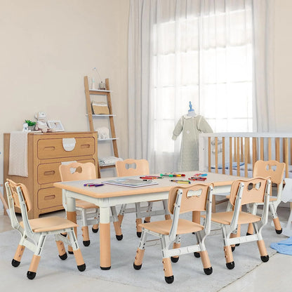 Arlopu Adjustable Kids Table and 6 Chairs Set, Toddler Play Activity Table Set with Graffiti Tabletop, Preschool Kids Furniture Table Set for Reading, Drawing, Eating