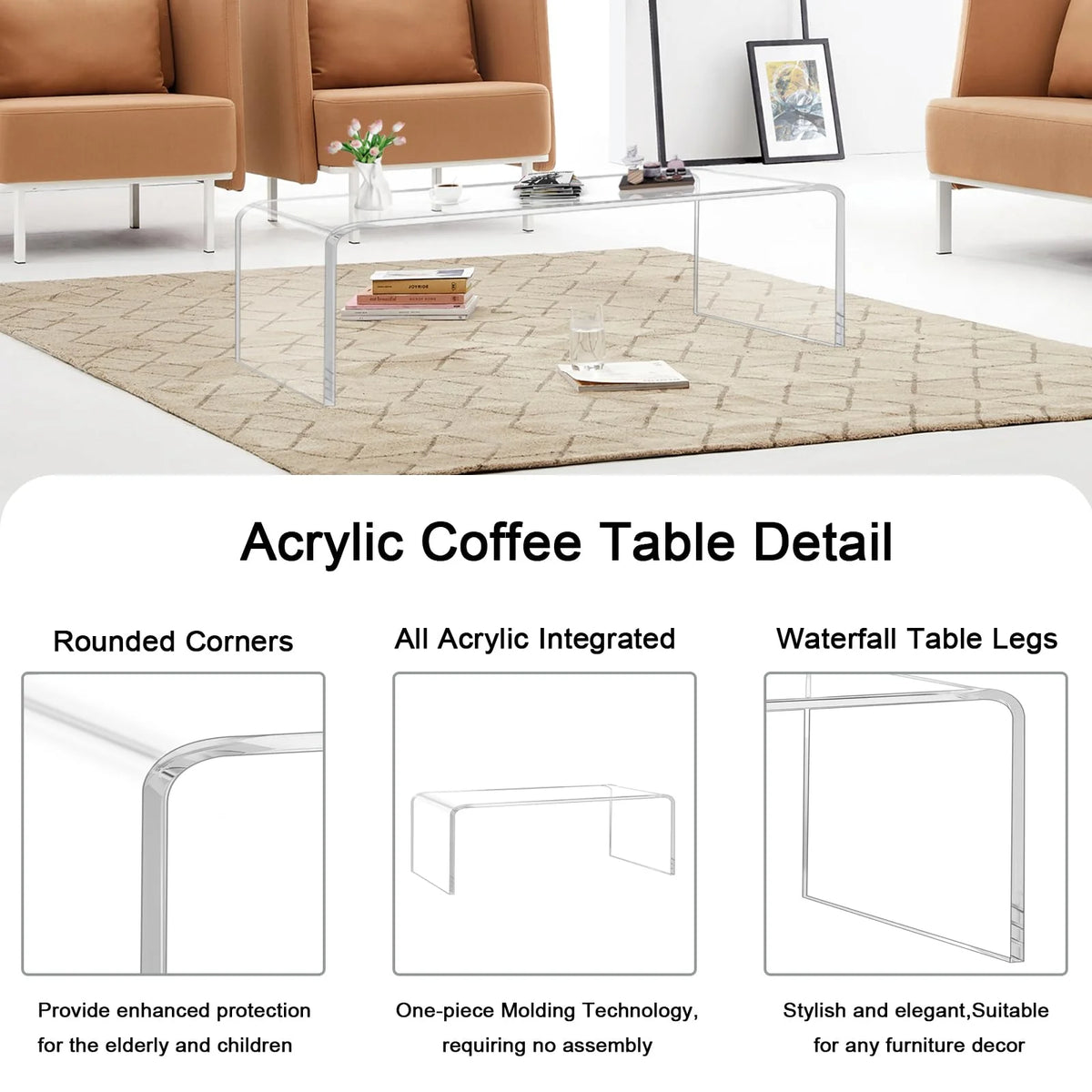 VDGPWA 32" Rectangle Waterfall Coffee Table, 0.6" Thick All Acrylic, Clear