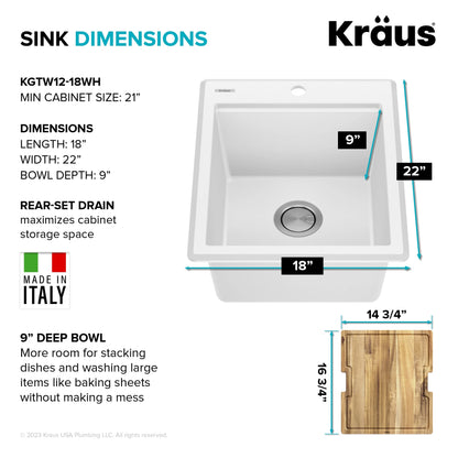 KRAUS Bellucci 18 Granite Composite Workstation Drop-In Top Mount Single Bowl Kitchen Bar Sink in White with Accessories