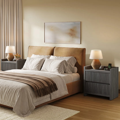 SICOTAS 25.4" Wide Nightstand Set of 2 with Charging Station, Modern Night Stand  with  2 Fluted Dresser & Handle-Less Storage Farmhouse Bed Side Table  for Bedroom, Natural Oak