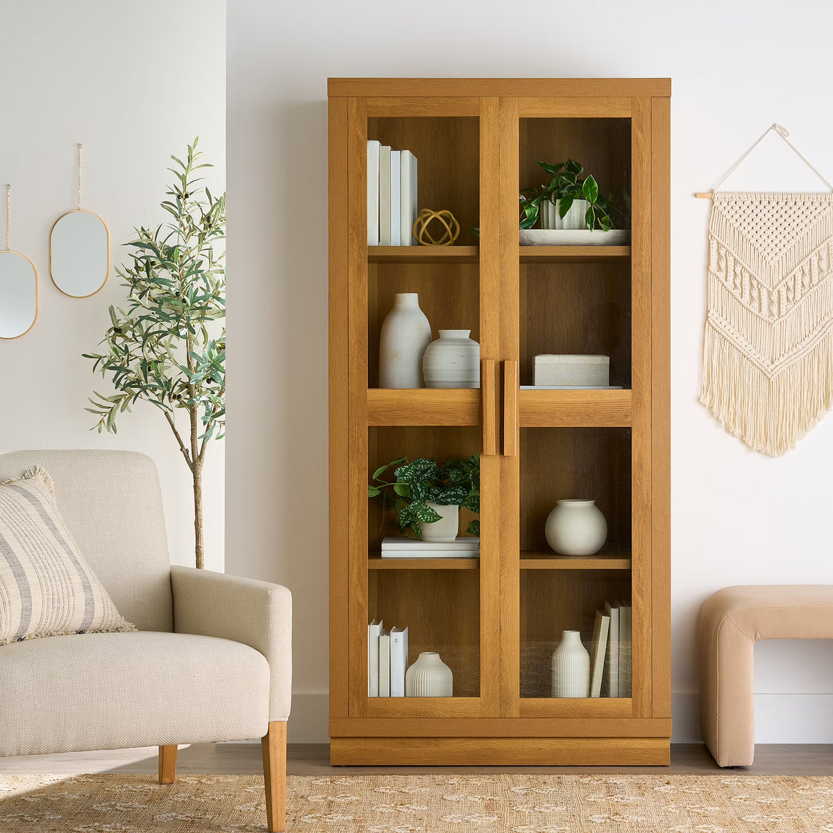 Better Homes & Gardens Ezra Glass Door Storage Accent Cabinet, Warm Walnut finish