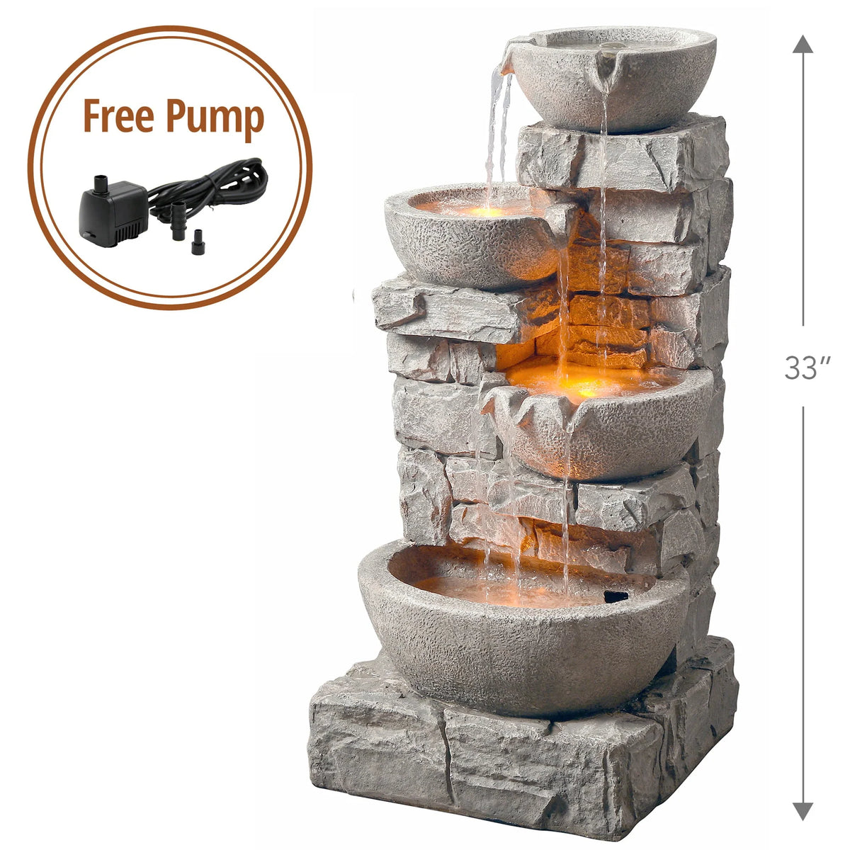 Teamson Home 33.25" Floor Water Fountain with LED Lights, Gray