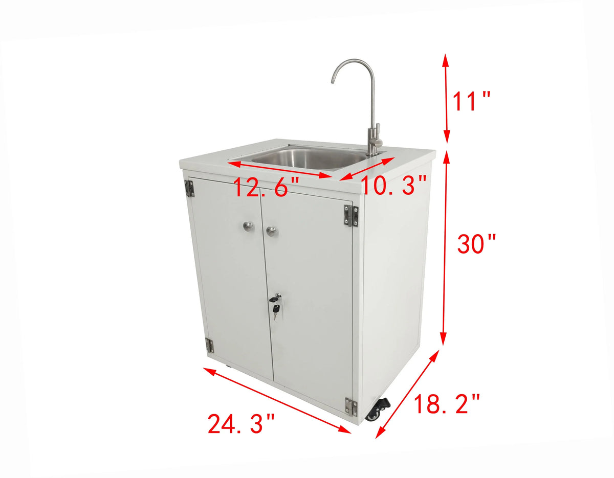 Cabinet Portable Sink Self Contained Hand Wash Station Mobile Sink Water Fountain Water Supply 110V/12V Powered Built-in Pump Water Jugs NOT included 24 X 18 X 30" CABINET SIZE 10094