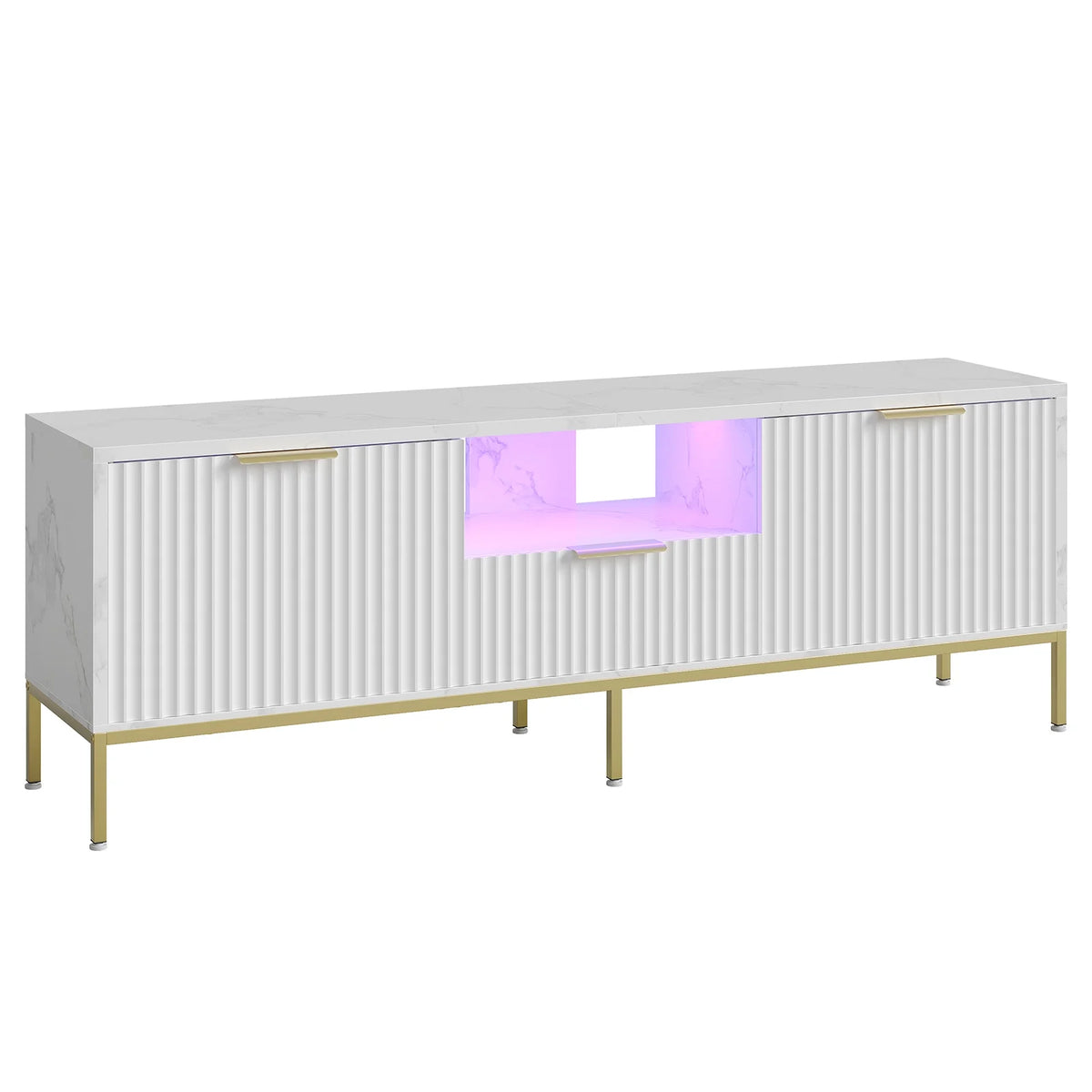 Bestier 55" LED TV Stand for TVs up to 60" Modern High Gloss Entertainment Center with Drawers Cabinets Fluted TV Console, White & Gold
