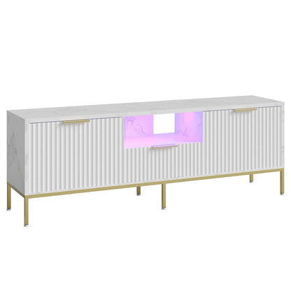 Bestier 55" LED TV Stand for TVs up to 60" Modern High Gloss Entertainment Center with Drawers Cabinets Fluted TV Console, White & Gold