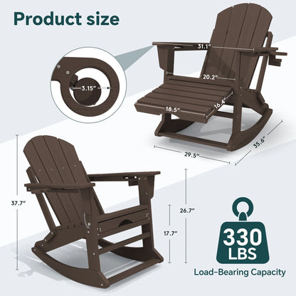 KINGYES Folding Adirondack Rocker Chair Set of 2 W/ Footrest & Dual Cup Holders, HDPE Outdoor Patio Rocking Chair, Black