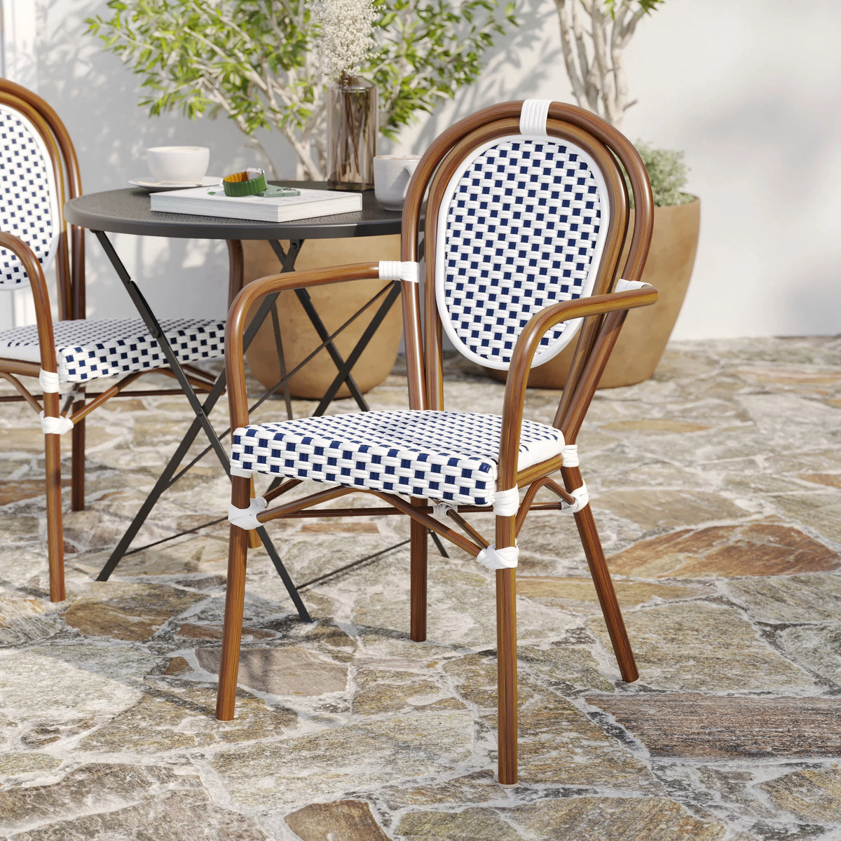 Merrick Lane Stacking Thonet French Bistro Style Chair with Arms, Black & White PE Rattan Seat, and Bamboo Finished Metal Frame for Indoor/Outdoor Use