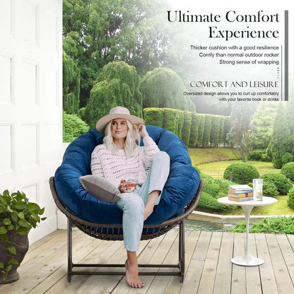 Outdoor Papasan Rocking Chair, Patio Oversized Wicker Egg Rocking Chair, Indoor & Outdoor Comfy Rocker Chair with Thick Cushion, Modern Lounge Chair for Front Porch, Garden, Backyard, Grey