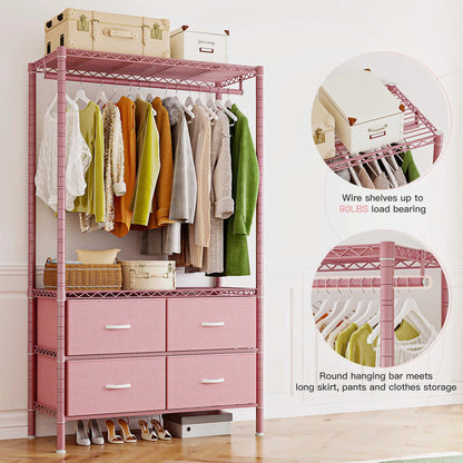 71" H Clothes Rack with Fabric Drawers, Freestanding Garment Rack with Metal Wire Shelf, Pink