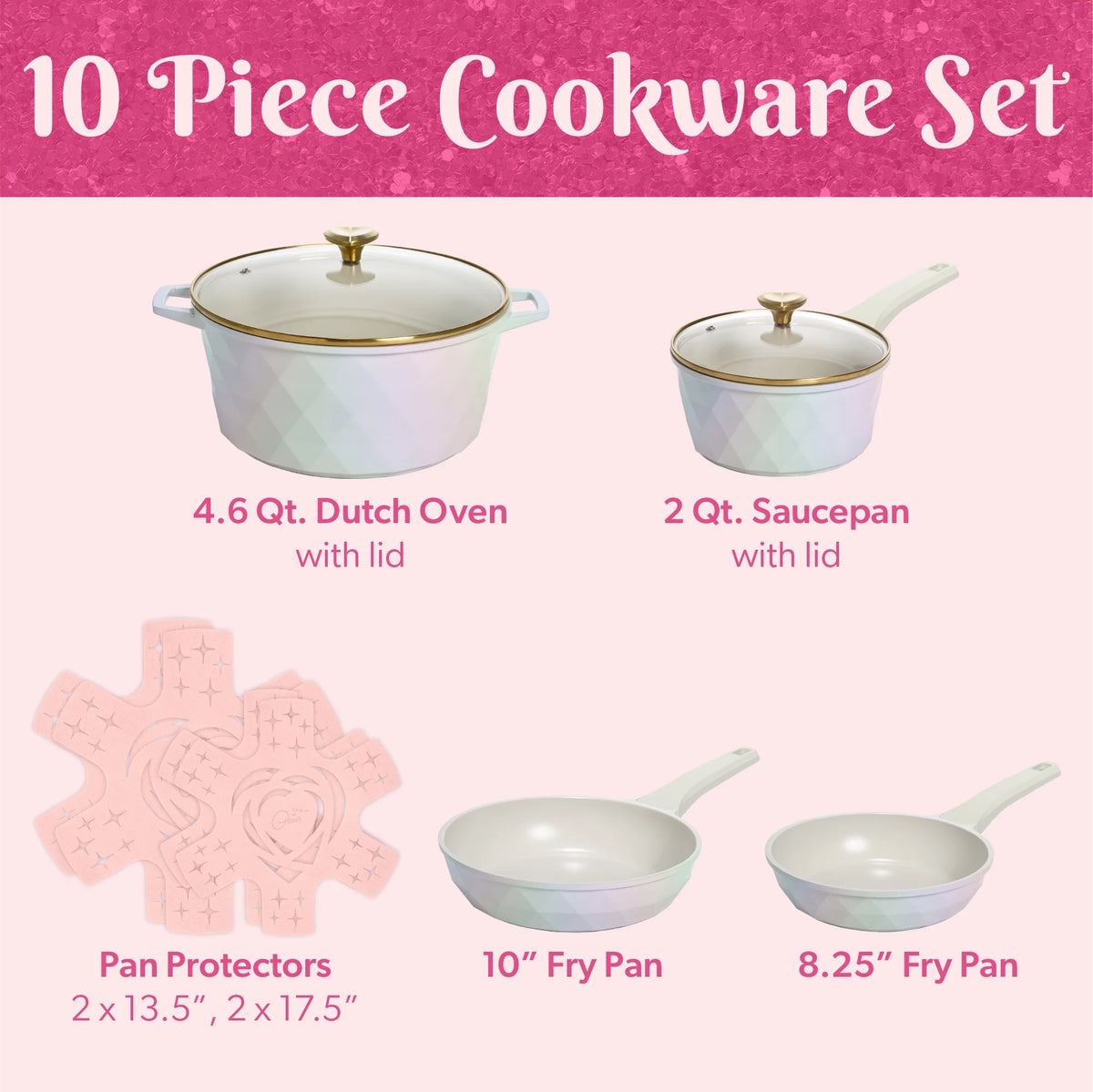 Paris Hilton 10-Piece Ceramic Nonstick Cast Aluminum Cookware Set, Clean Ceramic? Coating, Faceted Pink Design